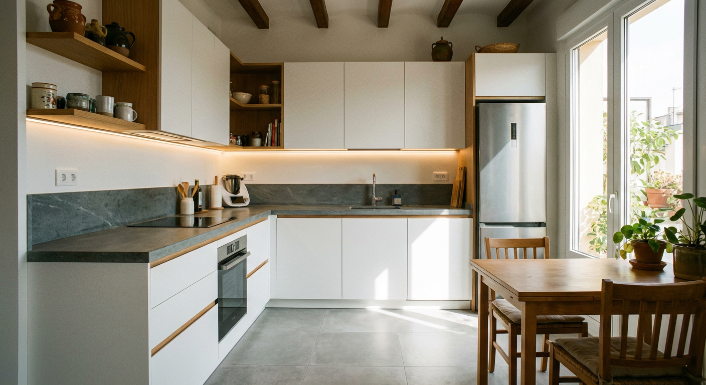 Cocina moderna reformada con vigas de madera